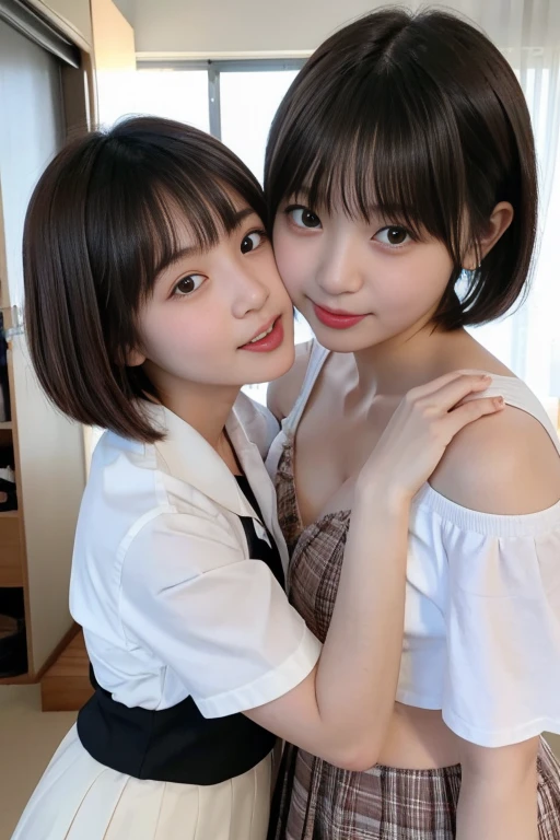 Ultra HD, masterpiece, Japanese Art, 2 girls, high school student, Embrace each other, Look each other in the eye, Black Hair, Chestnut color, Bob, short hair-, White short skirt, Kiss, ((French kiss)), close, nsfw, Sticking out tongue, ((saliva)), Standing, Flushed face, Close-up,