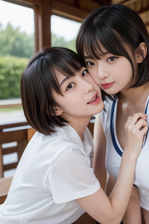 Ultra HD, masterpiece, Japanese Art, 2 girls, high school student, Embrace each other, Look each other in the eye, Black Hair, Chestnut color, Bob, short hair-,  White short skirt, Kiss, ((French kiss)), close, nsfw, Sticking out tongue, ((saliva)), Standing, Flushed face, Close-up, 