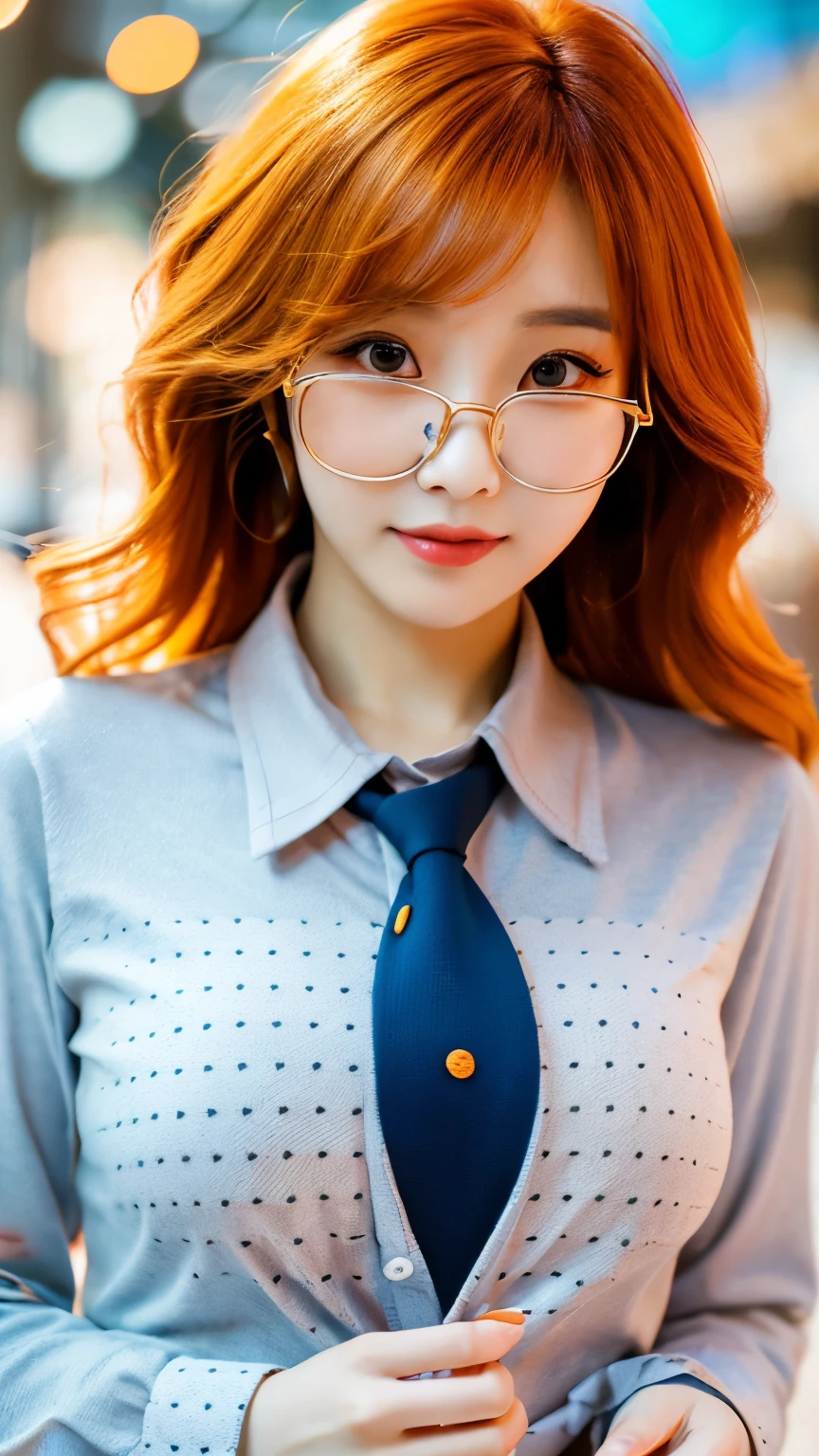 close-up of beautiful beautiful korean female, 34 inch breasts size, orange wavy hair, round glasses, wearing long sleeve shirt, dot pattern necktie, bokeh background, UHD