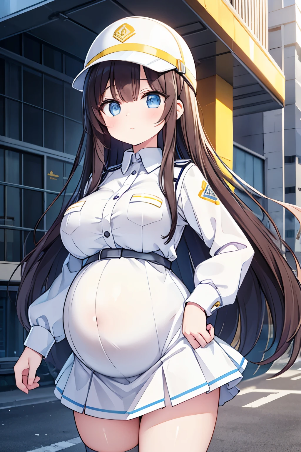 (high quality), 1girl, young girl, long dark hair, engineer, (pregnant), uniform, white safety helmet, skirt, standing, site background, (comfortable expressions, detailed eyes, facing at front)