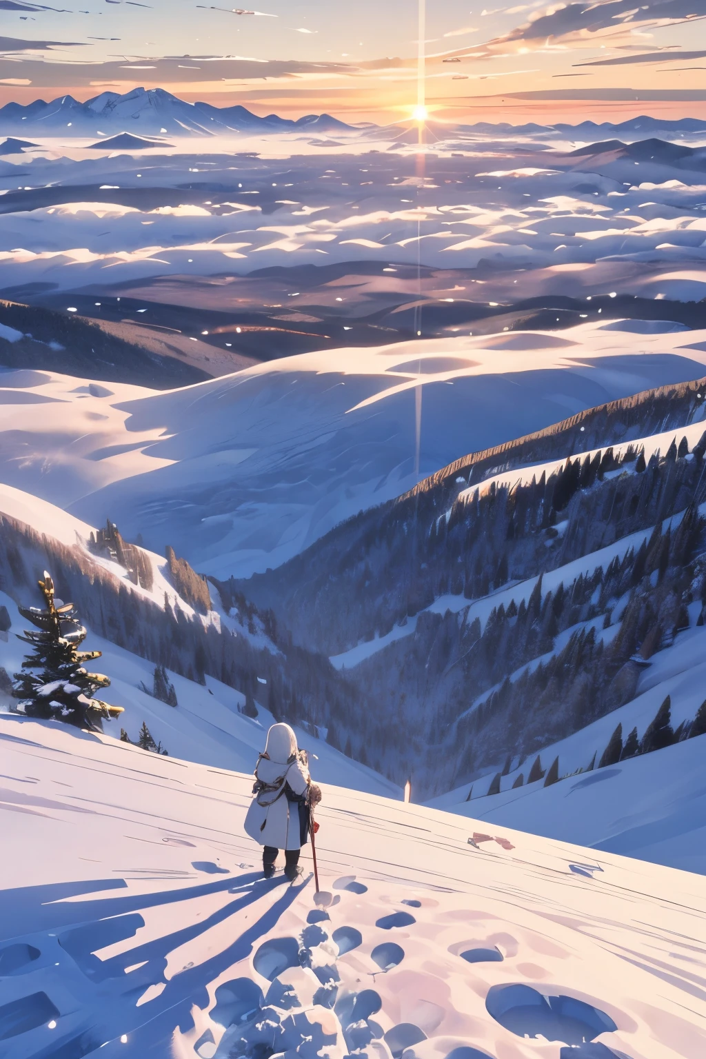 Film Art, Concept Art, masterpiece, wide angle perspective, S-shaped configuration, A cinematic painting of mountain scenery from near to far, Have a clear level, Clear highs and lows, Distant sunset on the top of a snowy mountain, HD Textures, Layered snowy mountains in the distance, White cloud,