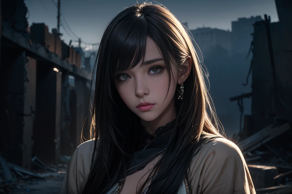 In the ruins of a once great city、An unforgettably beautiful girl stands there。Her tattered clothes、It tells the tale of a harsh new world where survival depends on cunning and firepower.。In her arms was an AK-47 assault rifle.、Her trusty companion in this harsh landscape.。Her face is、It is a masterpiece of realistic detail.、Her long eyelashes frame her piercing eyes that seem to hold a thousand secrets.。Her lips are full and attractive、Looks out of place in the desolate setting。The muted color palette and moody lighting cast dramatic shadows across her face.、It's as if the darkness itself is trying to consume her.。In the background、The rubble-strewn streets spread out like a graveyard of dreams.、A solemn reminder that even beauty can be destroyed by the cruel hand of fate。