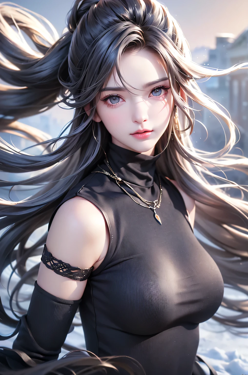 ((masterpiece:1.5、8k、Portraiture、Photorealistic and very detailed CG、Very detailed、Particle Effects、Dynamic Effects、Written boundary depth、Cinematic Light、Lens flare、Ray Tracing、Tabletop、Realistic:1.4、Ultra-high resolution:1.2、Realistic、Realistic))((alone、Turtleneck dress,No sleeve、Woman in a black fur coat:1.4、Exposed sideways breast doll-like pose、Detailed face、brightexpression、young, bright, Whiter skin、Small breasts:1.4、Best Looks、Ultimate beauty、Grey hair with shiny highlights:1.8、bright and shiny hair,、Arranged Hair、Hair dancing in the wind))(morning、In the background is a snowy hill overlooking the ruins...)