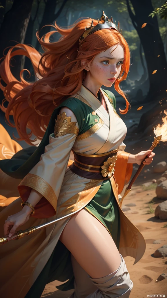 Young princess ((fighting monsters)), striking figure, long flowing ginger hair, wavy hairs, fair skin, (freckles), ((kolito)), innocent and regal appearance, expressive green eyes are filled with a mix of curiosity and determination, her slender frame, elegant grace, vibrant orange kimono with white and black decorations, very long sleeves, feather headdress, no background, combat pose, dynamic pose, holding a staff