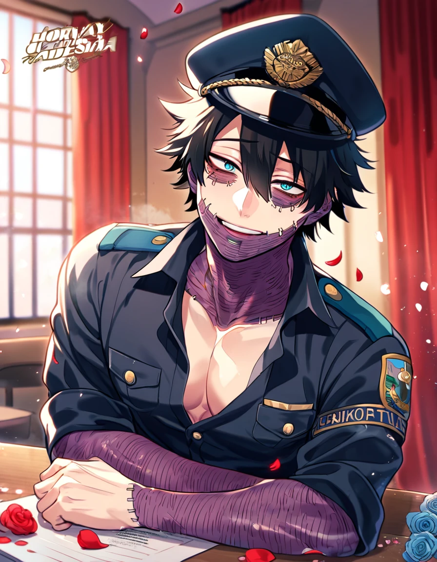 absurdres, highres, ultra detailed, HDR, master piece, best quality, Dabi, black hair, expressive turquoise eyes, Boku No Hero Academia, solo, sexy man, handsome, horny, sensual, black police officer clothes, unbuttoned shirt, black hat, fantasy, police station, window, petals, flowers, room, red curtains, Nu Carnival