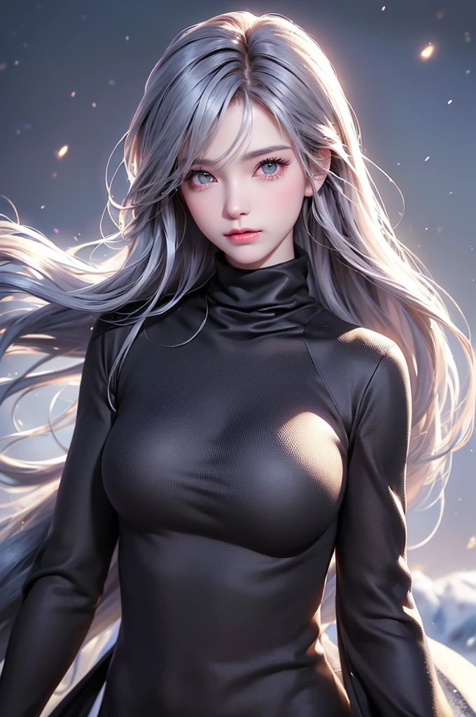 ((masterpiece:1.5、8k、Portraiture、フォトリアリスティックでVery detailedなCG、Very detailed、Particle Effects、Dynamic Effects、Written boundary depth、Cinematic Light、Lens flare、Ray Tracing、Tabletop、Realistic:1.4、Ultra-high resolution:1.2、Realistic、Realistic))((alone、Turtleneck dress,No sleeve、Woman in a black fur coat:1.4、Exposed sideways breast doll-like pose、Detailed face、bright表情、young, bright, Whiter skin、Small breasts:1.4、Best Looks、Ultimate beauty、Grey hair with shiny highlights:1.8、bright and shiny hair,、Arranged Hair、Hair dancing in the wind))(morning、In the background is a snowy hill overlooking the ruins...)