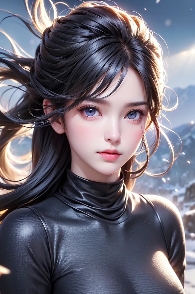 ((masterpiece:1.5、8k、Portraiture、フォトリアリスティックでVery detailedなCG、Very detailed、Particle Effects、Dynamic Effects、Written boundary depth、Cinematic Light、Lens flare、Ray Tracing、Tabletop、Realistic:1.4、Ultra-high resolution:1.2、Realistic、Realistic))((alone、Turtleneck dress,No sleeve、Woman in a black fur coat:1.4、Exposed sideways breast doll-like pose、Detailed face、bright表情、young, bright, Whiter skin、Small breasts:1.4、Best Looks、Ultimate beauty、Grey hair with shiny highlights:1.8、bright and shiny hair,、Arranged Hair、Hair dancing in the wind))(morning、In the background is a snowy hill overlooking the ruins...)
