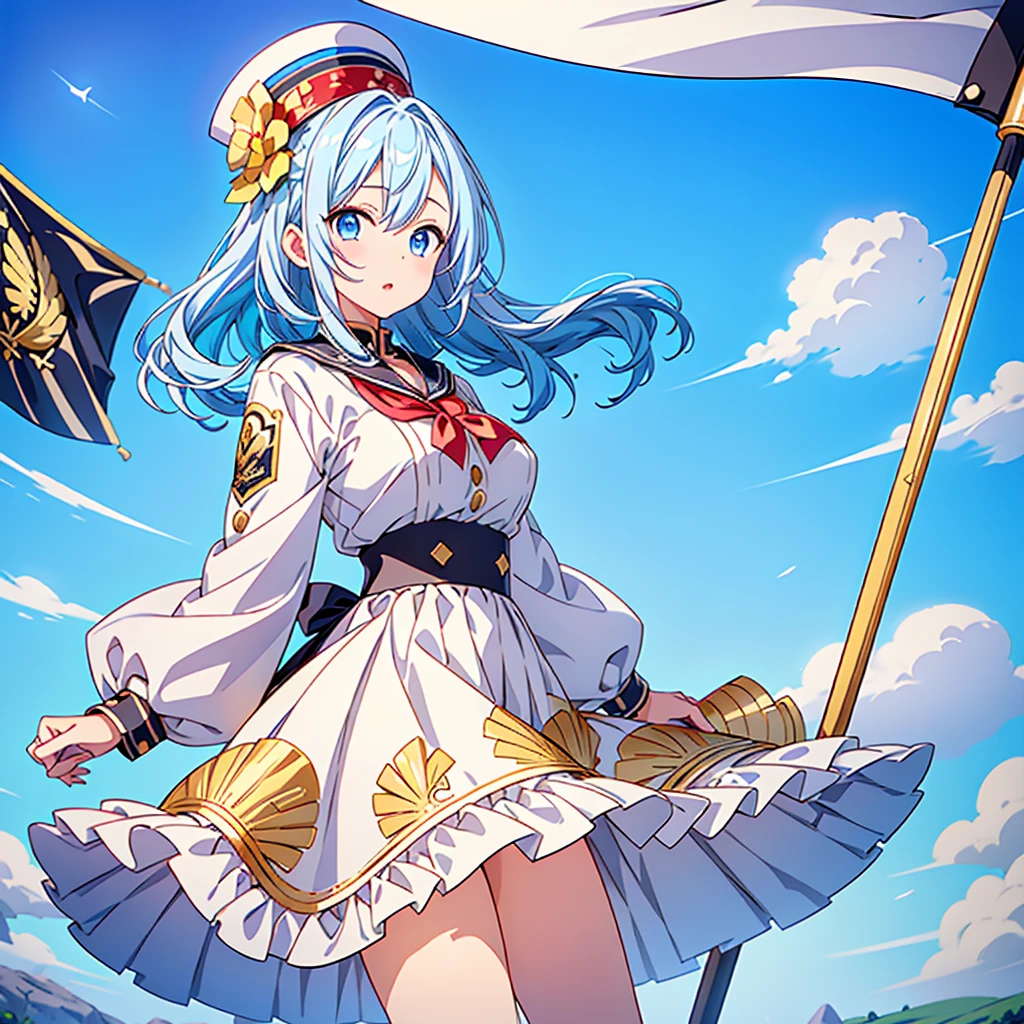 1girl、Dynamic composition、marching band、(((Masterpiece、Highest quality、Official Art、Super detailed、Handsome face、Dynamic composition)))、Anime Style、(Milky white and blue hair:1.3),(Blue eyes:1.4),(Bright colors:1.4),((Asanoha background:1.3)),, marching bandのユニフォームを着たクールな女の子, marching band hat、mini skirt, Frills, Black and white with gold embroidered flag held in both hands,(background:Large red flag on the back with gold floral embroidery, Note, )、euphonium、Huge Flag、