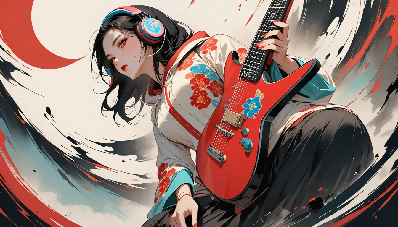 (((Ink Painting))), (((seiza))), (((from below))), (((front view))), (((Flashy makeup))), (((Japanese style headphones))), (((Japanese pattern hoodie))), (((Put on the hood))), (((Electric guitar))), Japan人の美少女, Black Hair, Delicate and precise, Modern ukiyo-e style,Japan, Japanese flag, vivid color