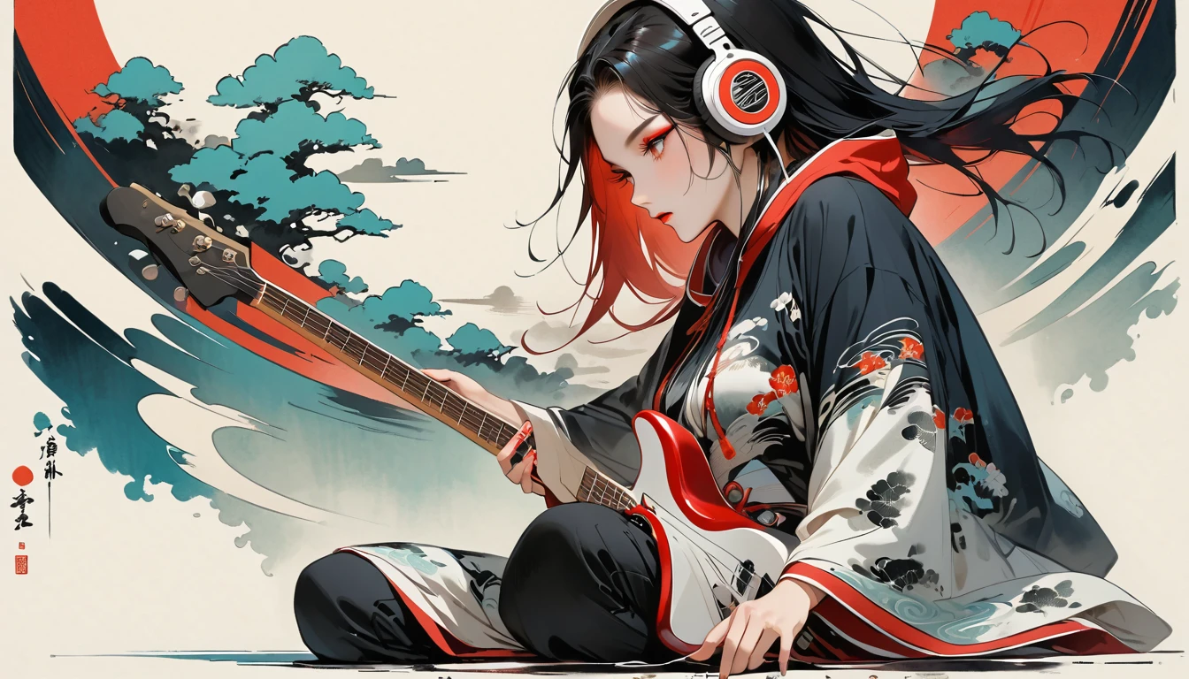 (((Ink Painting))), (((seiza))), (((from below))), (((front view))), (((Flashy makeup))), (((Japanese style headphones))), (((Japanese pattern hoodie))), (((Put on the hood))), (((Electric guitar))), Japan人の美少女, Black Hair, Delicate and precise, Modern ukiyo-e style,Japan, Japanese flag, vivid color