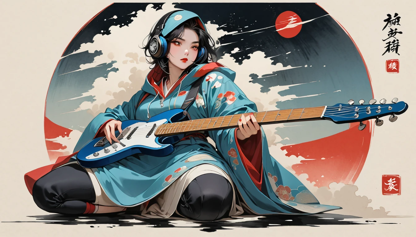 (((Ink Painting))), (((seiza))), (((from below))), (((front view))), (((Flashy makeup))), (((Japanese style headphones))), (((Japanese pattern hoodie))), (((Put on the hood))), (((Electric guitar))), Japan人の美少女, Black Hair, Delicate and precise, Modern ukiyo-e style,Japan, Japanese flag, vivid color