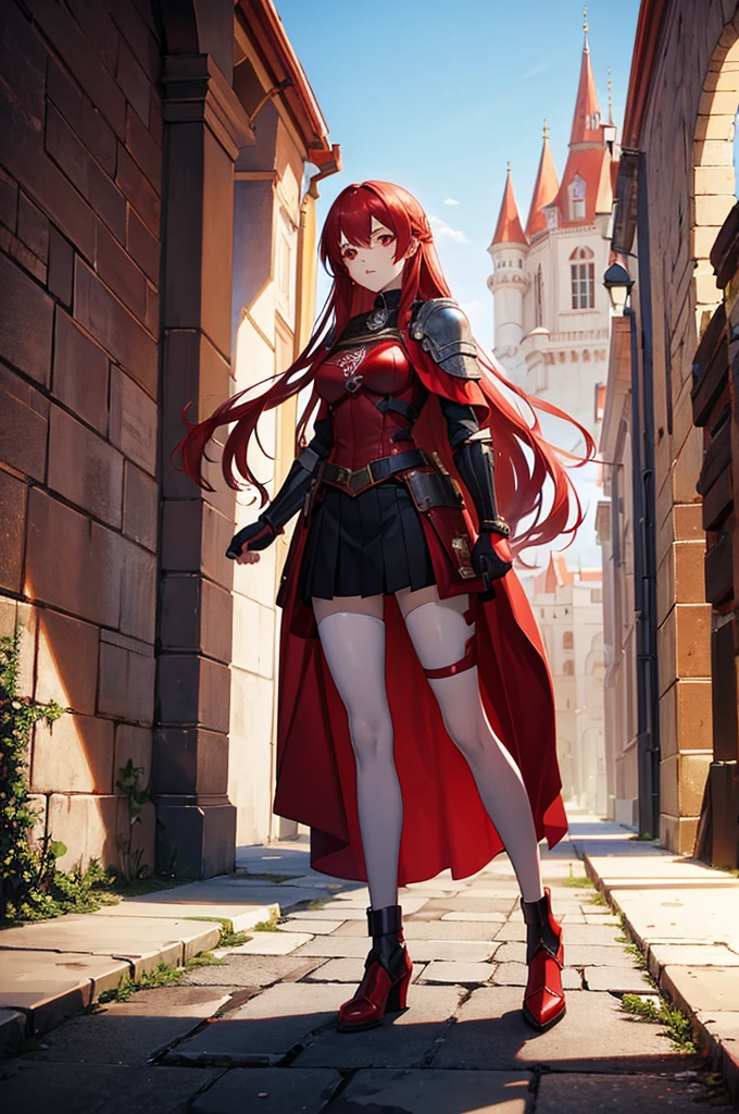 A girl In her twenties with Long red hair and red eyes wearing a full body female armor with a red cape with a castle hallway background