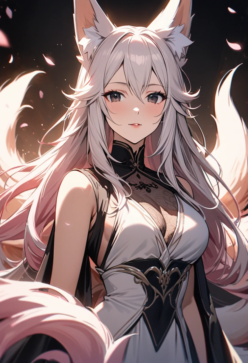 female, nine-tailed female, female fox, nine-tailed fox, fox ears, white hair, pink hair, long hair, black eyes, pretty, beautiful, mature, dress, flying petals, super detail, high quality, macro picture, deep chin, Japanese