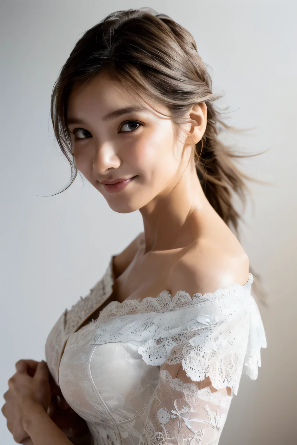 ((Highest quality, 8k, masterpiece: 1.3)), sharp: 1.2, Perfect Body Beauty: 1.6, ((Layered Hairstyles, Big Breasts: 2.0)), (white and long legs: 2.0), (white lace dress: 2.0, Off-the-shoulder dress: 2.0, Dresses with visible breasts: 2.0), ((long hair: 2.0)), ((necklace)), Earrings, ring, Bracelet, Hair Accessories, ((Beautiful young ager woman)), ((Straight nose)), (Eyeliner), Armpit Hair, Bristles, ((White and beautiful skin)), Wavy Hair, Beautiful attention to detail, Super detailed, Highly detailed face and skin texture, fine grain, double eyelid, Black Hair, Big Ass, Lower Body, Thighs, (((Skinny))), Wet and shiny lips, smile, Get a grip on your body, ((Anatomically correct human body)), ((Crisp body shape)), Ribs, clavicle, Protruding skeleton, A face without nasolabial folds, Shyness, Thin eyebrows, Big eyes, (shoot from side: 1.0), (Narrow shoulders: 2.0), (Smile: 1.0), (One arm raised: 1.0)
