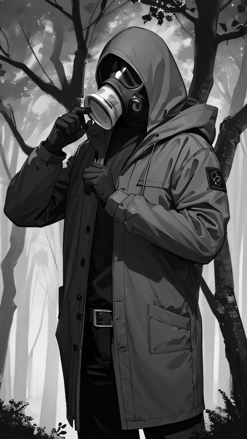 (1man,Gray Suit Agent,masterpiece,8k,bust,Best quality),Male killer,((Gray suit,Gray coat,Gray hood,Heavy gas mask,Gloomy)),Standing in the dark woods,Perfect face,Perfect eyes,perfect pupils,Oil painting style,Thick coating,Thick lines,16K, Ultra HD, Retina, masterpiece, precise, Anatomically correct, best quality, high quality, Textured Skin