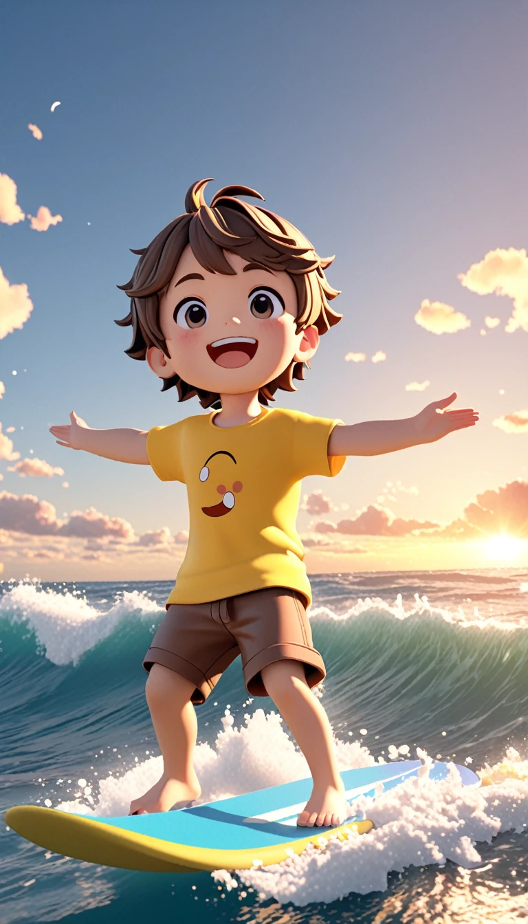 The poster features a 3D cartoon Q-version full body rendering, depicting an adorable wearing a yellow T-shirt and brown shorts. With his arms wide open and a joyful expression, he is surfing on the sea. His facial features are perfect, presented in a blind box and Disney style. The lighting is soft, achieved through OC rendering, blender, and C4D among other 3D rendering techniques. The quality is optimal, with high-definition graphics at 8K resolution. The poster uses a 3D cartoon Q-version full-body rendering,Presentation of a cute little boyirt and brown shorts。He opened his arms,With a happy expression,surfing on the sea。Perfect facial features are displayed in blind box and Disney style,Soft light,Rendering via OC、blender和C4D等3D渲染技术实现。Picture quality HD,Achieve 8K best quality。,