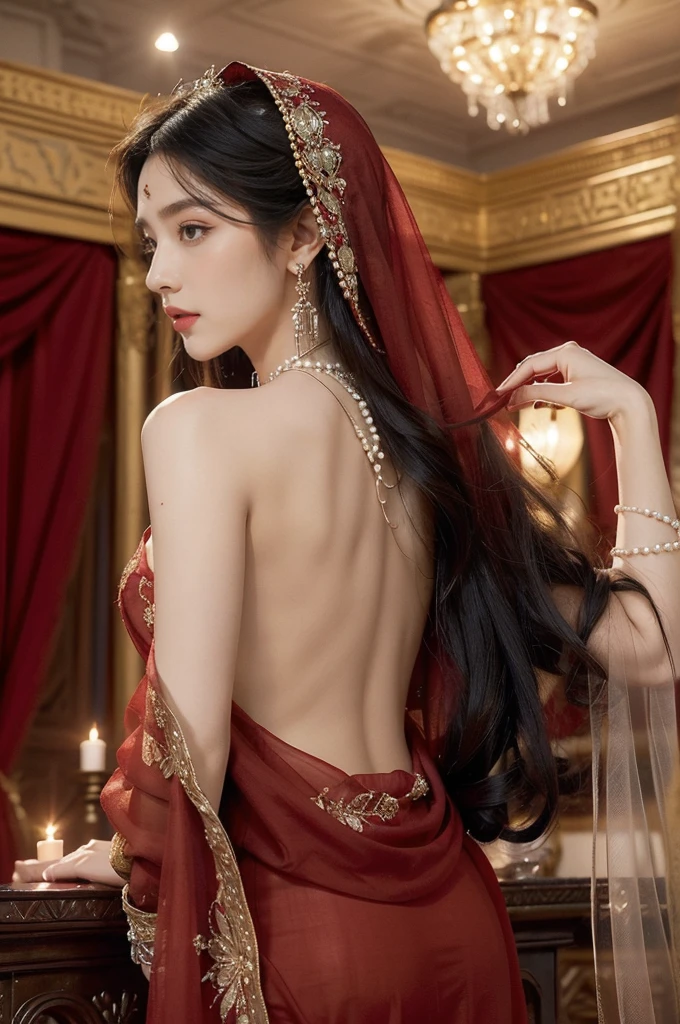 (((best quality))),(((ultra detailed))),(((masterpiece))),illustration,((1girl,Arabian dancer,solo)),(red hijab:1.3),((slim,thin)),((bare back,towering hips,butt crack)),((earrings,necklace)),((pearls,jewels,gemstones)),(night scene:1.3),(standing:1.3),(in luxurious palace:1.3),(indoor:1.3),(gorgeous embroidered red sheer abaya:1.3), intricate patterns,((Arabian theme,Middle Eastern culture)),(shoulder length straight hair:1.2),(sheer veil on face:1.3),mystery, ornate furnishings, decorations, enchantment, magic, Persian magic carpet,night sky, floating,Aladdin's lamp, flame, fulfillment of desires,candlelight,romance,One Thousand and One Nights, coherent narrative, dreamlike atmosphere, deep emotions, graceful movements, passion, face beneath the veil, beloved's dream, timeless beauty, enchantment,magical world, wondrous journey,((from back,upper body))