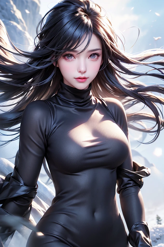 (Above the knees image)((masterpiece:1.5、8k、Portraiture、フォトリアリスティックでVery detailedなCG、Very detailed、Particle Effects、Dynamic Effects、Written boundary depth、Cinematic Light、Lens flare、Ray Tracing、Tabletop、Realistic:1.4、Ultra-high resolution:1.2、Realistic、Realistic))((alone、Turtleneck dress,No sleeve、Woman in a black fur coat:1.4、Exposed sideways breast doll-like pose、Detailed face、bright表情、young, bright, Whiter skin、Small breasts:1.4、Best Looks、Ultimate beauty、Grey hair with shiny highlights:1.8、bright and shiny hair,、Arranged Hair、Hair dancing in the wind))(morning、In the background is a snowy hill overlooking the ruins...)
