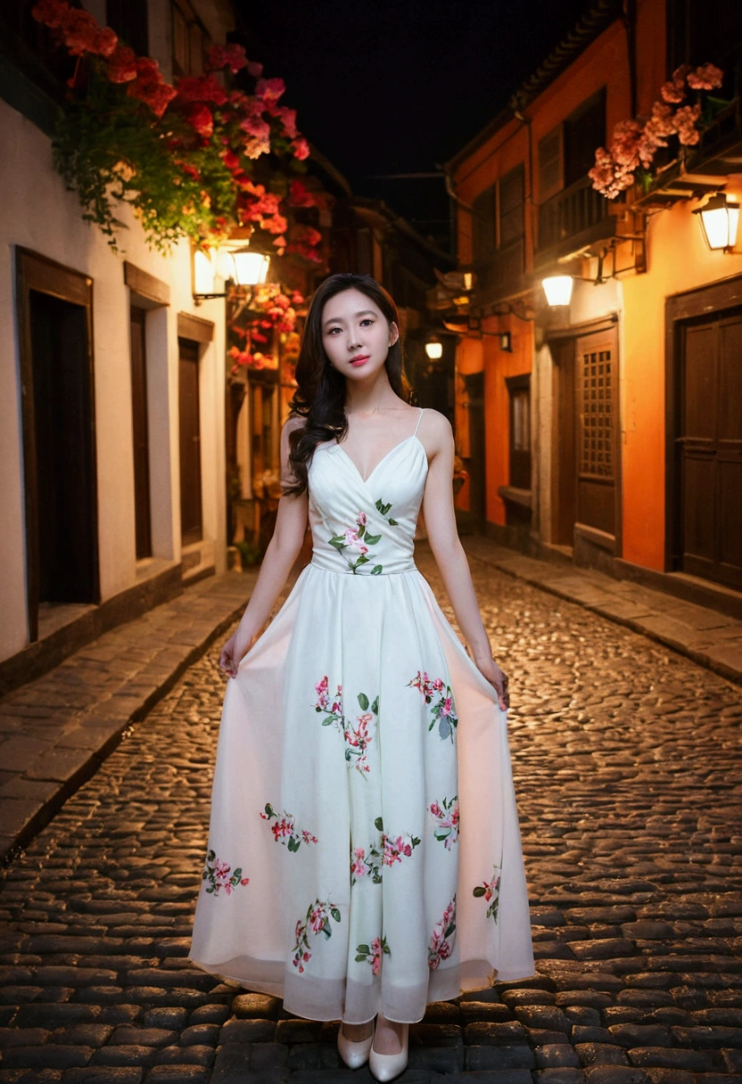 night,Woman in white dress standing on cobblestone street, Color photos inspired by Dai Xi, tumblr, Happening, Wearing an elegant dress, Lady in glowing flower dress, Wearing beautiful clothes, Elegant standing posture, night, Striking an elegant pose, Striking an elegant pose over you, Woman in a skirt, Wearing fancy clothes, Full length view