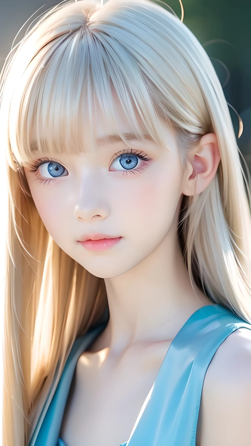 Very beautiful face、Long bangs flowing in front of the face、Beautiful pale light blue eyes hidden by her bangs、Very cute beautiful face and very radiant skin、Bangs between the eyes、snow-white beautiful skin、very beautiful pale light blue eyes,、Beautiful very long straight silky pale golden shiny natural platinum blonde hair、Cute 14 year old blonde beauty、Round face、Such a cute little face、Bright expression、Big eyes and well-defined double eyelids、eyeliner、