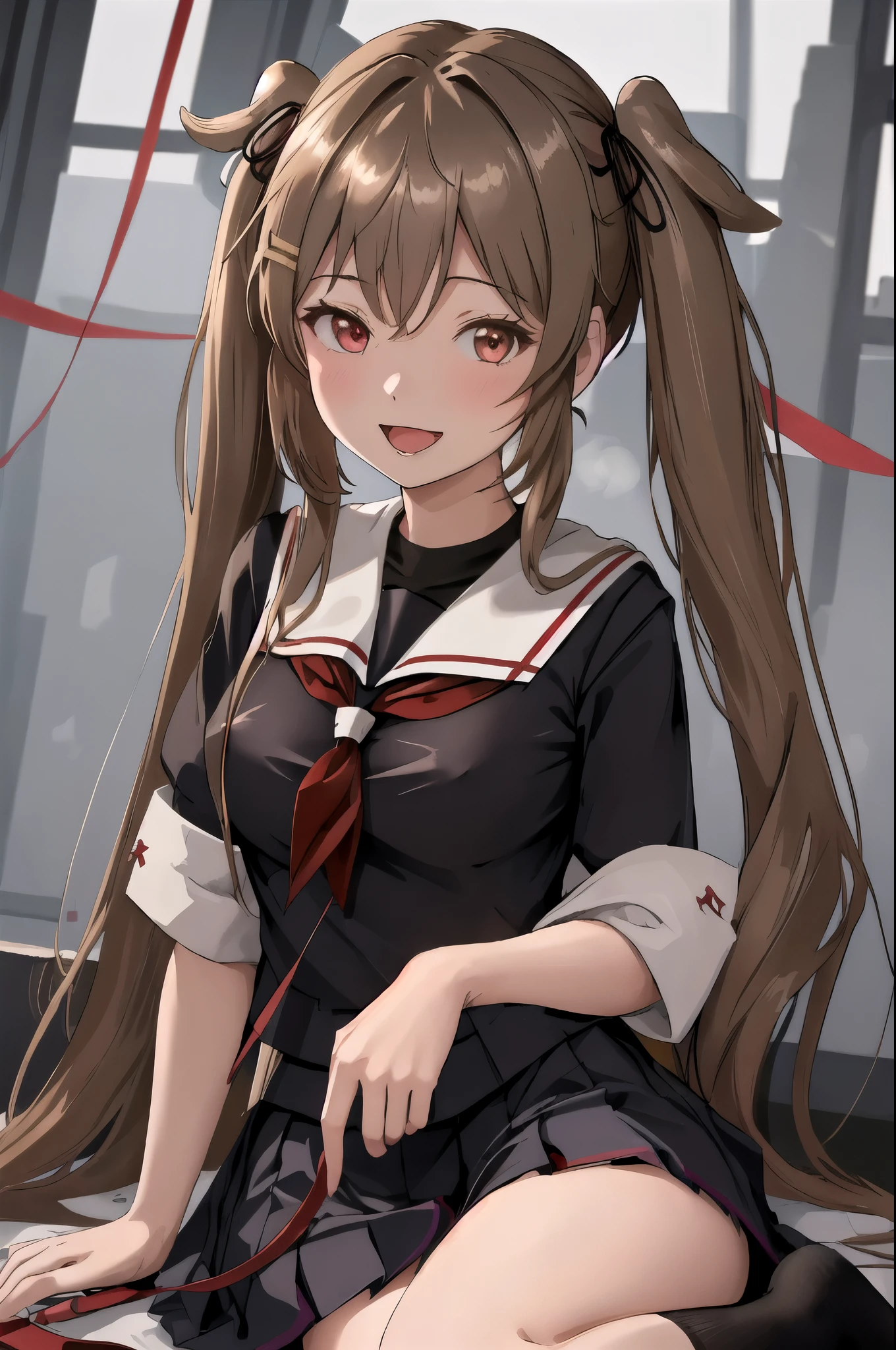 Highest quality, masterpiece, High resolution, 一人in, {Murasame_Fleet Collection:1.15}, length_hair, Light_brown_hair, brown_eye, red_eye, ribbon, smile, Seraphim, hair_ribbon, black_Seraphim, chest, Twin tails, two_~ side_superior, hair_flap, hair_ornament, One girl, School_uniform, Looking_in_Audience, neckerchief, Open_mouth, red_neckerchief,,((nsfw))