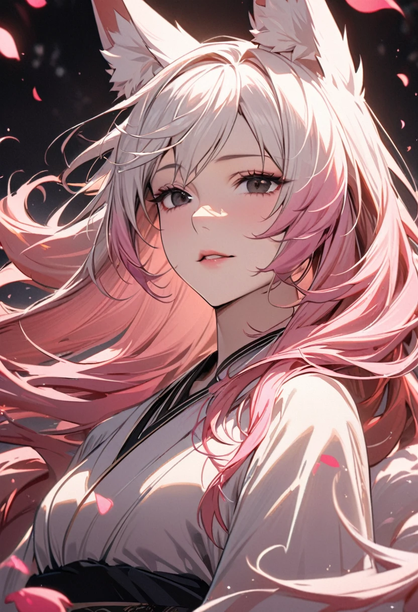 female, nine-tailed female, female fox, nine-tailed fox, fox ears, white hair, pink hair, long hair, black eyes, pretty, beautiful, beautiful color, mature, dress, flying petals, super detail, beautiful color,peerless beauty, high quality, macro picture, adult, deep chin, main face, front face, cute, kimono
