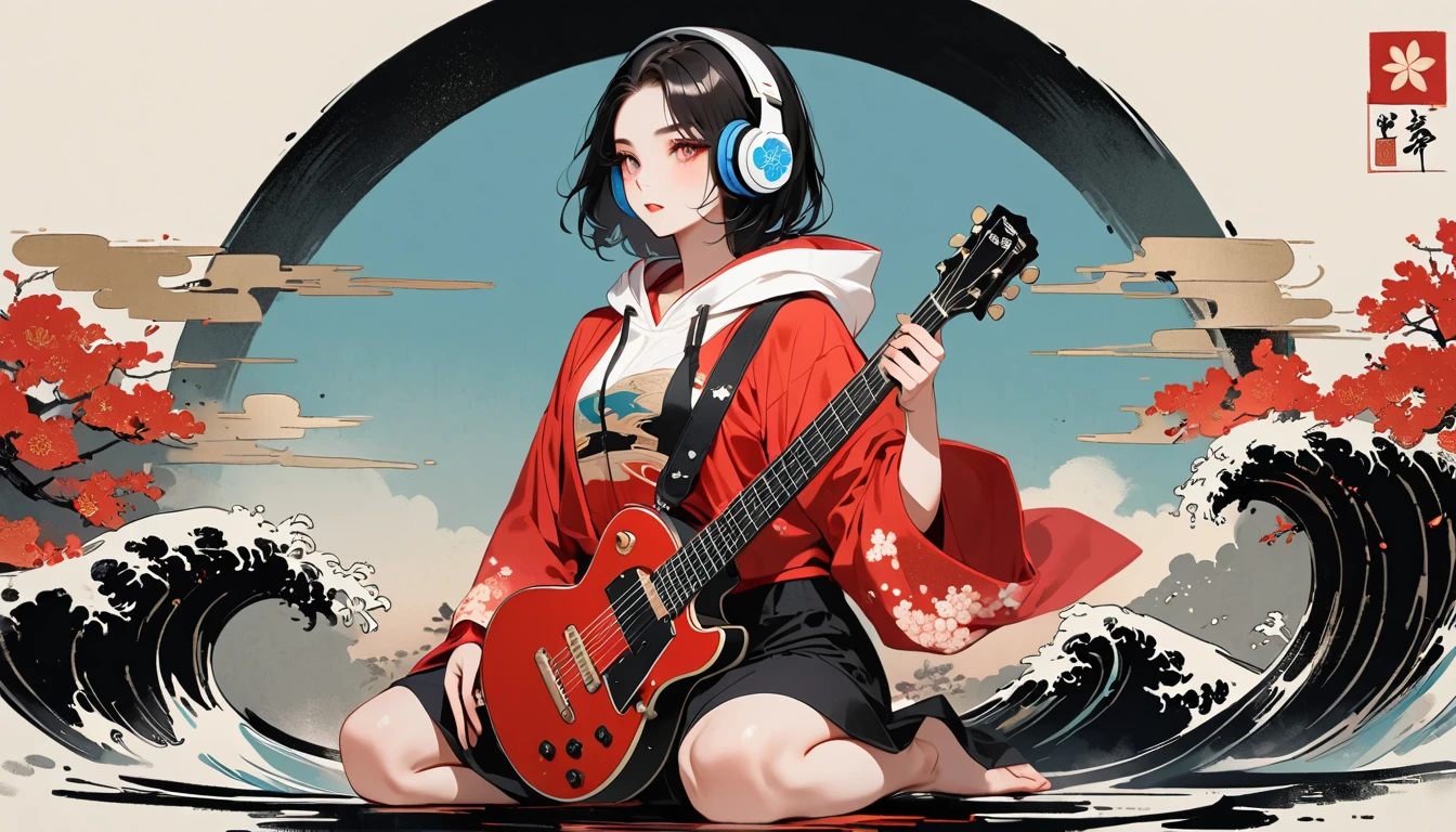 (((Ink Painting))), (((seiza))), (((front view))), (((Flashy makeup))), (((Japanese style headphones))), (((Japanese pattern hoodie))), (((Put on the hood))), (((Electric guitar))), Japan人の美少女, Black Hair, Delicate and precise, Modern ukiyo-e style,Japan, Japanese flag, vivid color