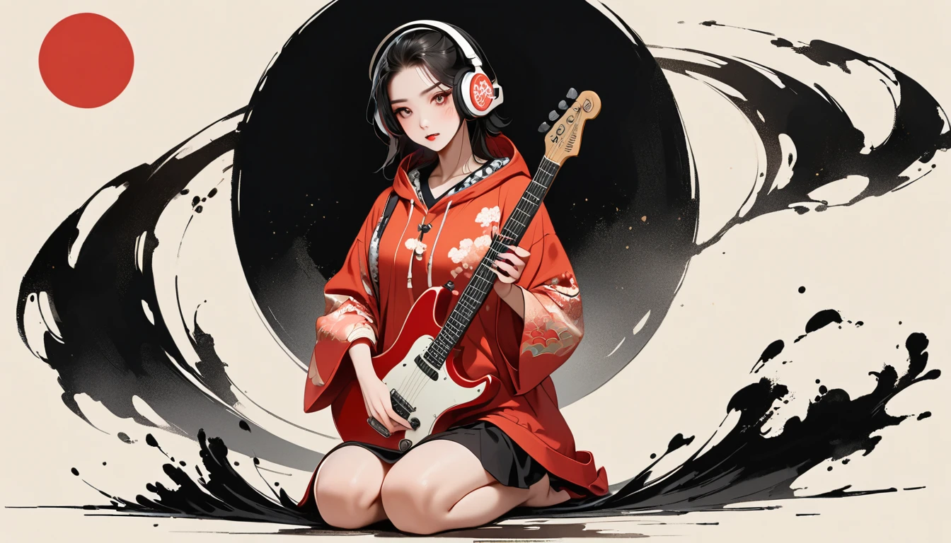 (((Ink Painting))), (((seiza))), (((front view))), (((Flashy makeup))), (((Japanese style headphones))), (((Japanese pattern hoodie))), (((Put on the hood))), (((Electric guitar))), Japan人の美少女, Black Hair, Delicate and precise, Modern ukiyo-e style,Japan, Japanese flag, vivid color