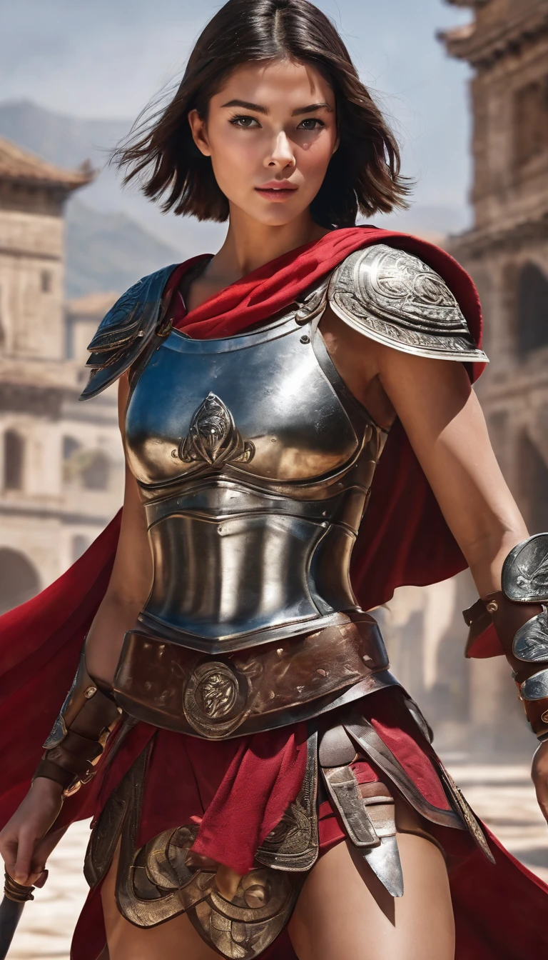 Highest quality, Realistic, photoRealistic, Award-winning photography, (Intricate details, Arena: 1.2), (Subtle details), (Intricate details), (Cinematic Light, Super sexy short hair woman, Gladiator, , huge firm bouncing chests, sexy long legs, dynamic sexy pose, Gladiatorの正装, Gladiatorの鎧, Gladiatorの武具, leg armor, Red Cape, Full body close-up),