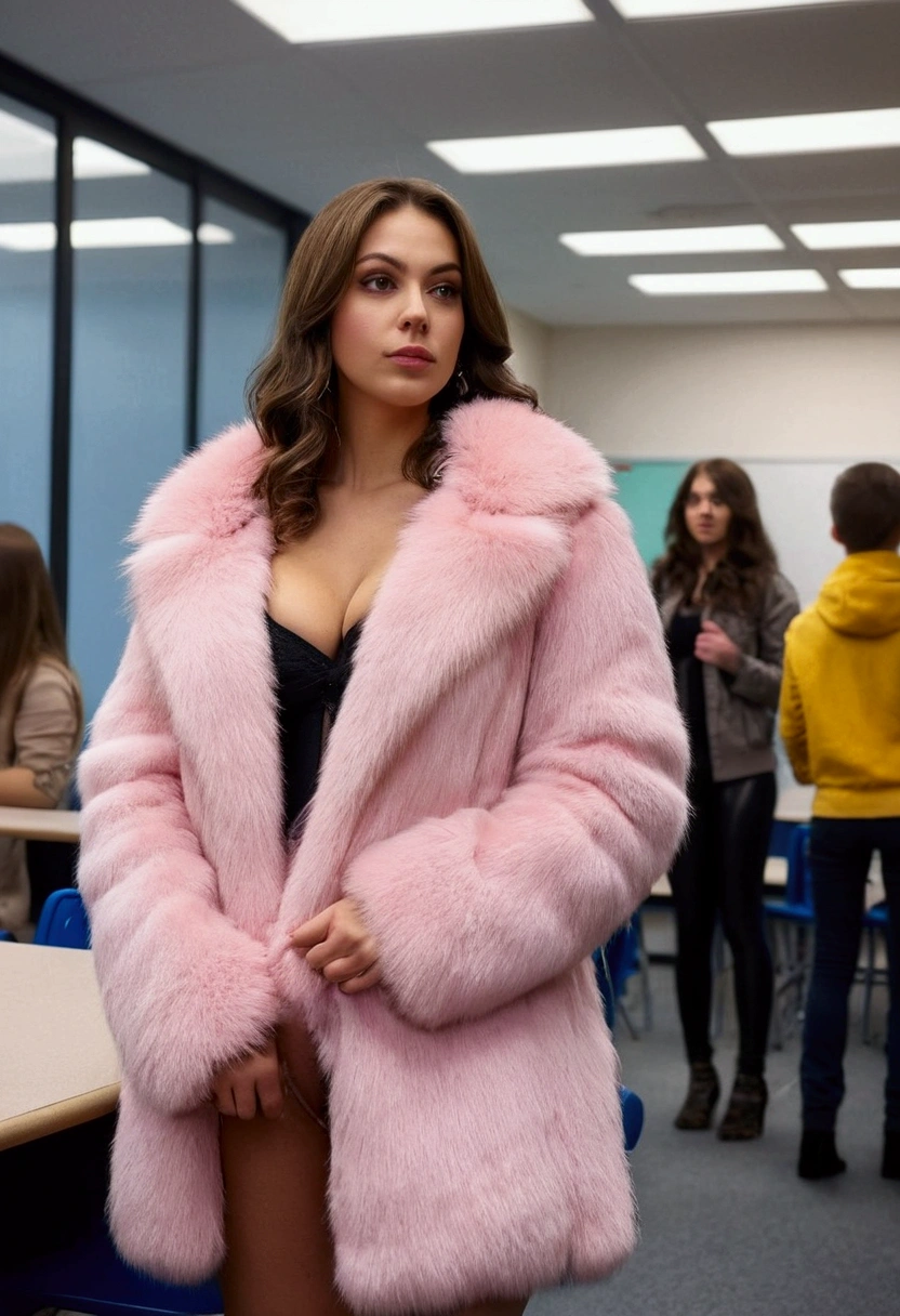 Sexy bank neighbor in school wears a pink fur coat has big  and a big ass