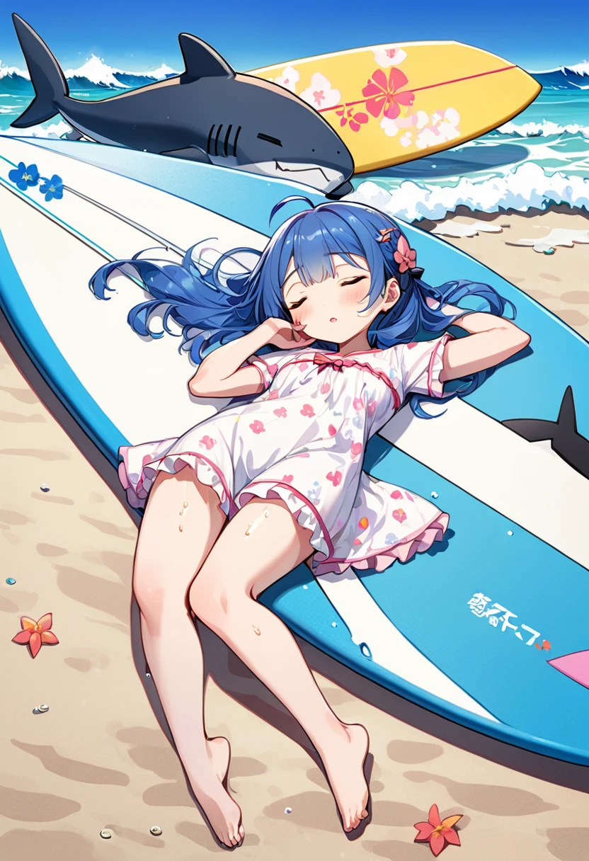 Highest quality、High resolution、Detailed Background、Beautiful face in every detail、Anatomically correct、Detailed facial expressions、fine grain、((full body, from front:1.2, side shot)), break　((One Girl:1.2)、(Chibi Girl:1.5))、Cute hair color、Big beautiful blue eyes、Fuller lips、Pink Lips、Braided twin tails、Ahoge、(Chibi Girl:1.2)、(Cute sleepwear、barefoot)、break　(((Sleeping on a surfboard:1.2、Lying on your back:1.2))、Sleeping with eyes closed:1.2)、Sweat、break　(Big waves in the background、blue sky)、（Giant shark swims）