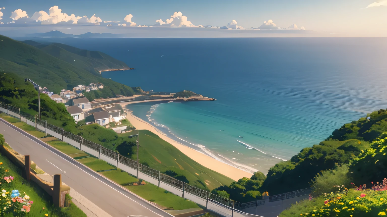 A quiet, emotive scene perfect for music backgrounds, in a Japanese anime style. From a hillside slope, you can see the sea, bathed in the warm light of summer. The atmosphere is serene and nostalgic, with a view of the ocean from a descending street on a hill.