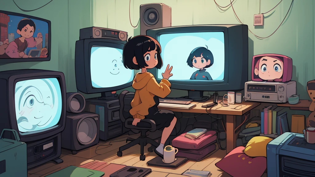 A woman with short black bob hair is watching a CRT TV、Slim body、Baggy clothes