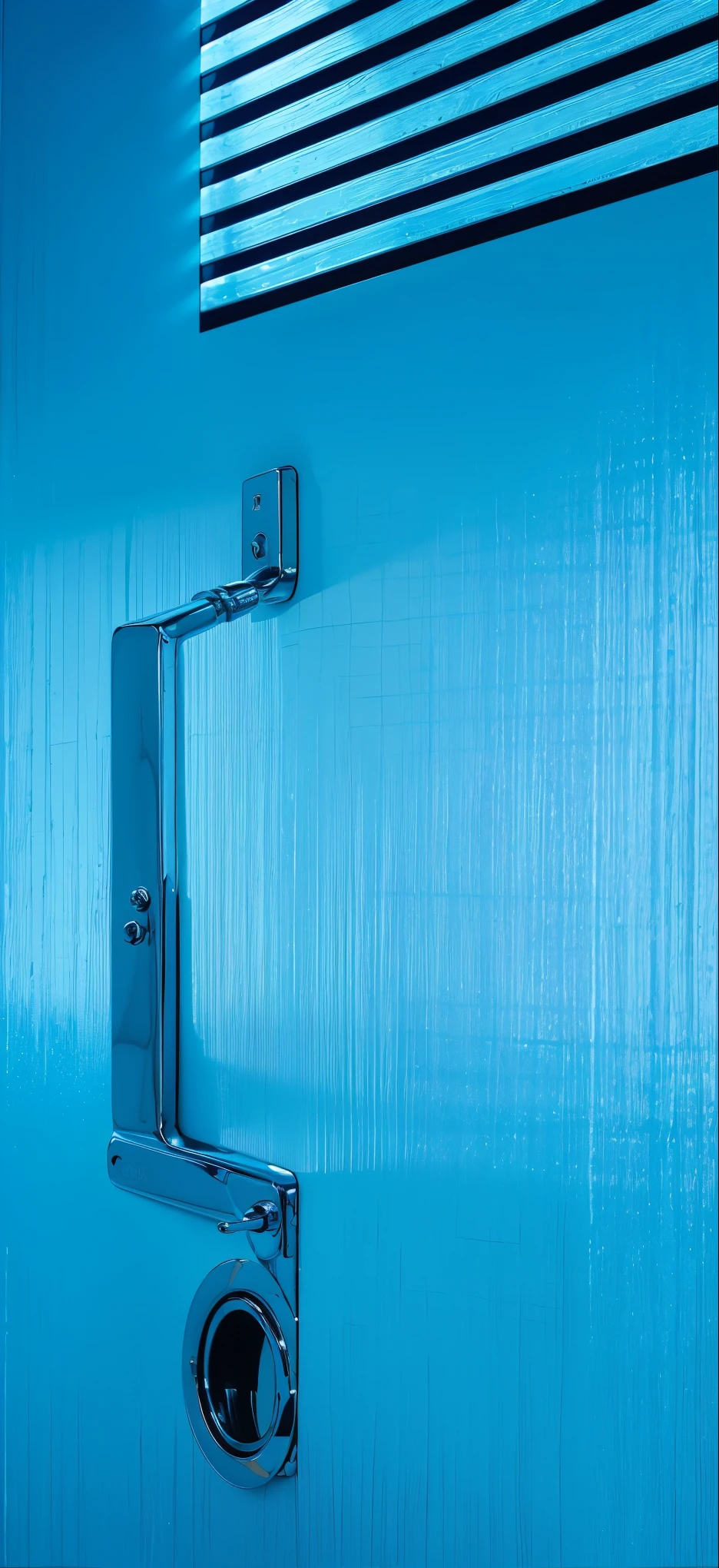 The image presents a striking visual of a stylized blue door with a futuristic design. Dominated by a vibrant blue hue, the door features metallic elements and a contrasting lock mechanism that combines sleek design with a sense of security. The top section includes a series of narrow, horizontal panels that add a rhythmic aesthetic to the composition. Notably, a circular lock sits prominently at the center of the door, drawing the eye with its deep red center surrounded by silver. This feature seems to suggest a high-tech locking system, while sporadic splatters of a darker substance near the lock add a dramatic touch, hinting at either decay or sabotage. The overall effect is both modern and mysterious, making it a captivating subject for artistic or thematic exploration. creates a compelling visual narrative. vibrant contrast to his attire and accessories.аffects render, (glossy plastic texture with multiple big light probe refractions), perfect cgi, smooth silhouette, high intensity refraction, (super glossy plastic material), most beautiful vfx, , realistic, 4k, high resolution, rim light, smooth 3d model, multiple light sources, rim light, sharp post effects render,, realistic, 4k, high resolution, rim light detailed digital art, reflective, best quality, 4k, masterpiece:1.2, ultra-detailed, realistic, vivid colors, The image of the highest quality, ensuring every detail showcased perfectly. It in 4k resolution, allowing viewers to immerse themselves in the richness of the colors and intricate details. The realistic rendering. under the spotlight, reflecting, high-resolution image, realistic rendering