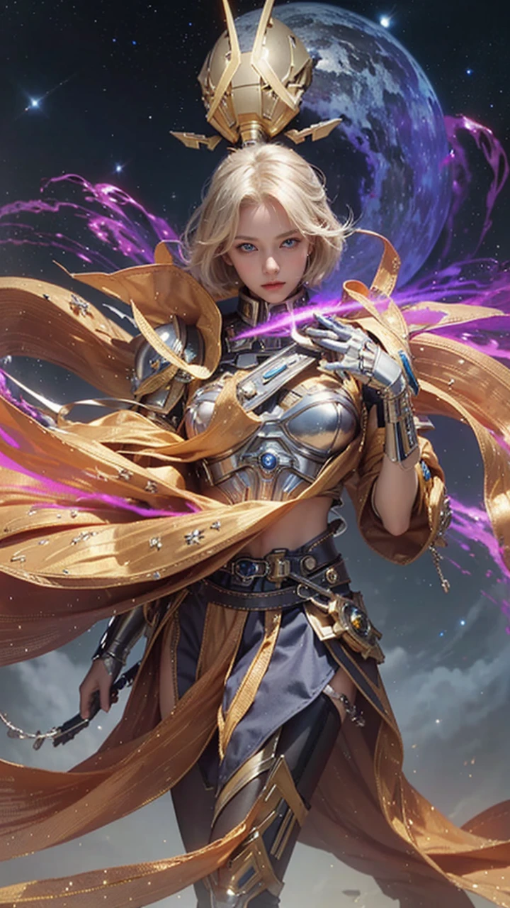 A beautiful woman. 20s. Blonde hair and blue eyes. Short hair. She is looking at the camera with a defiant expression. She wears a silver metallic battle uniform. There is something on his waist that is reminiscent of Kamen Rider's transformation belt. In her background is an image of outer space and a giant space battleship. A masterpiece.