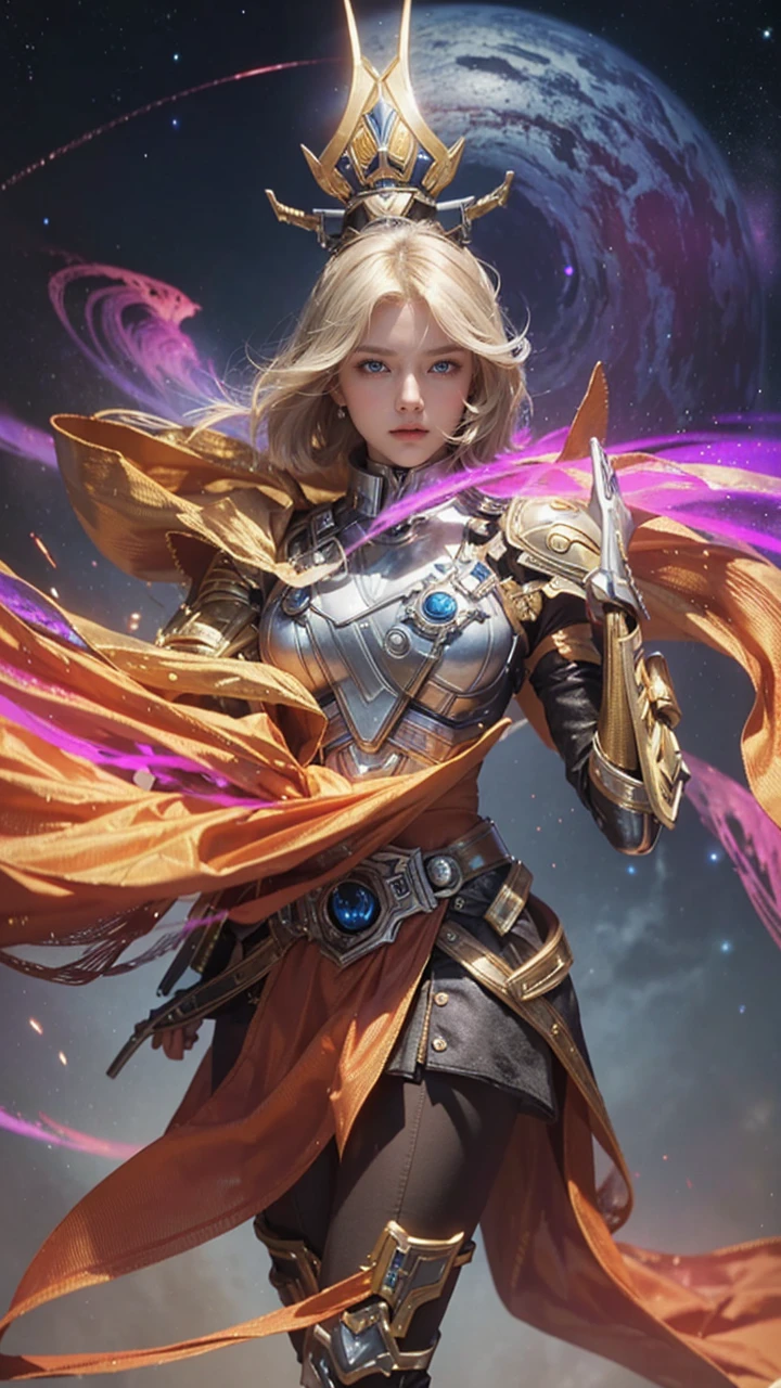 A beautiful woman. 20s. Blonde hair and blue eyes. Short hair. She is looking at the camera with a defiant expression. She wears a silver metallic battle uniform. There is something on his waist that is reminiscent of Kamen Rider's transformation belt. In her background is an image of outer space and a giant space battleship. A masterpiece.