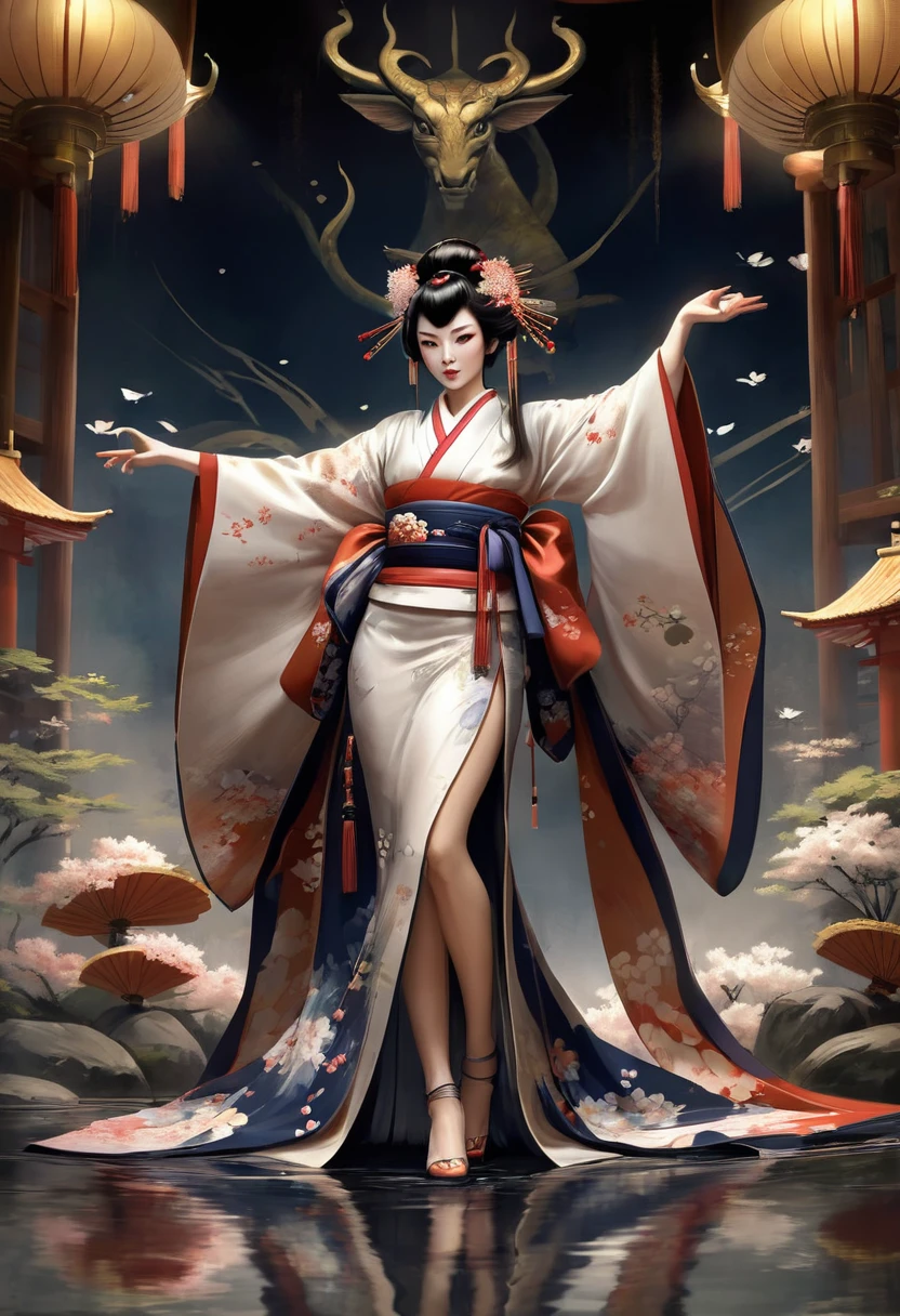 Необходимо создать concept-арт гейши для MMORPG, centered on a Japanese setting. full length, concept, full length пероснаж, A geisha should inspire grace, sophistication and mystery, typical of Japanese culture. Picture her in a traditional kimono with details, reflecting her status and professionalism. It is important to convey her grace and expressiveness through her pose and facial expression.. digital painting, full length, concept, full length пероснаж