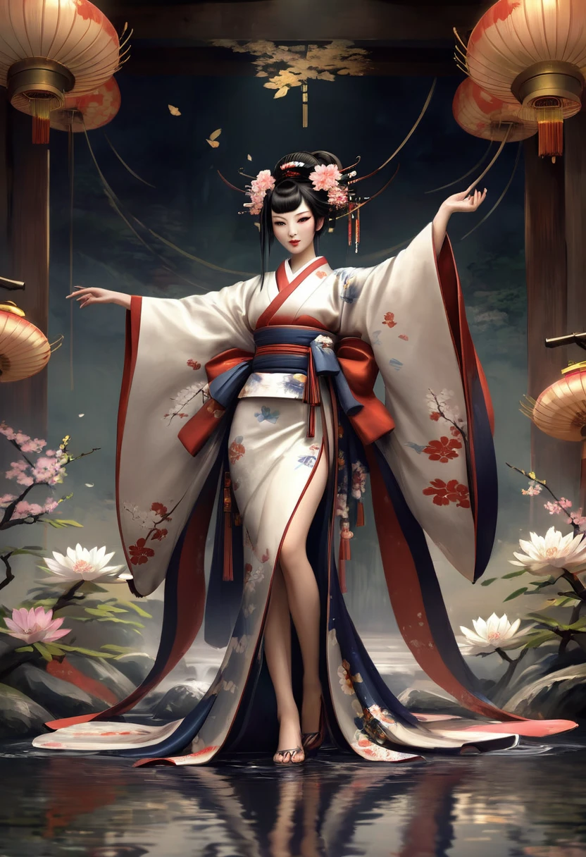 Необходимо создать concept-арт гейши для MMORPG, centered on a Japanese setting. full length, concept, full length пероснаж, A geisha should inspire grace, sophistication and mystery, typical of Japanese culture. Picture her in a traditional kimono with details, reflecting her status and professionalism. It is important to convey her grace and expressiveness through her pose and facial expression.. digital painting, full length, concept, full length пероснаж
