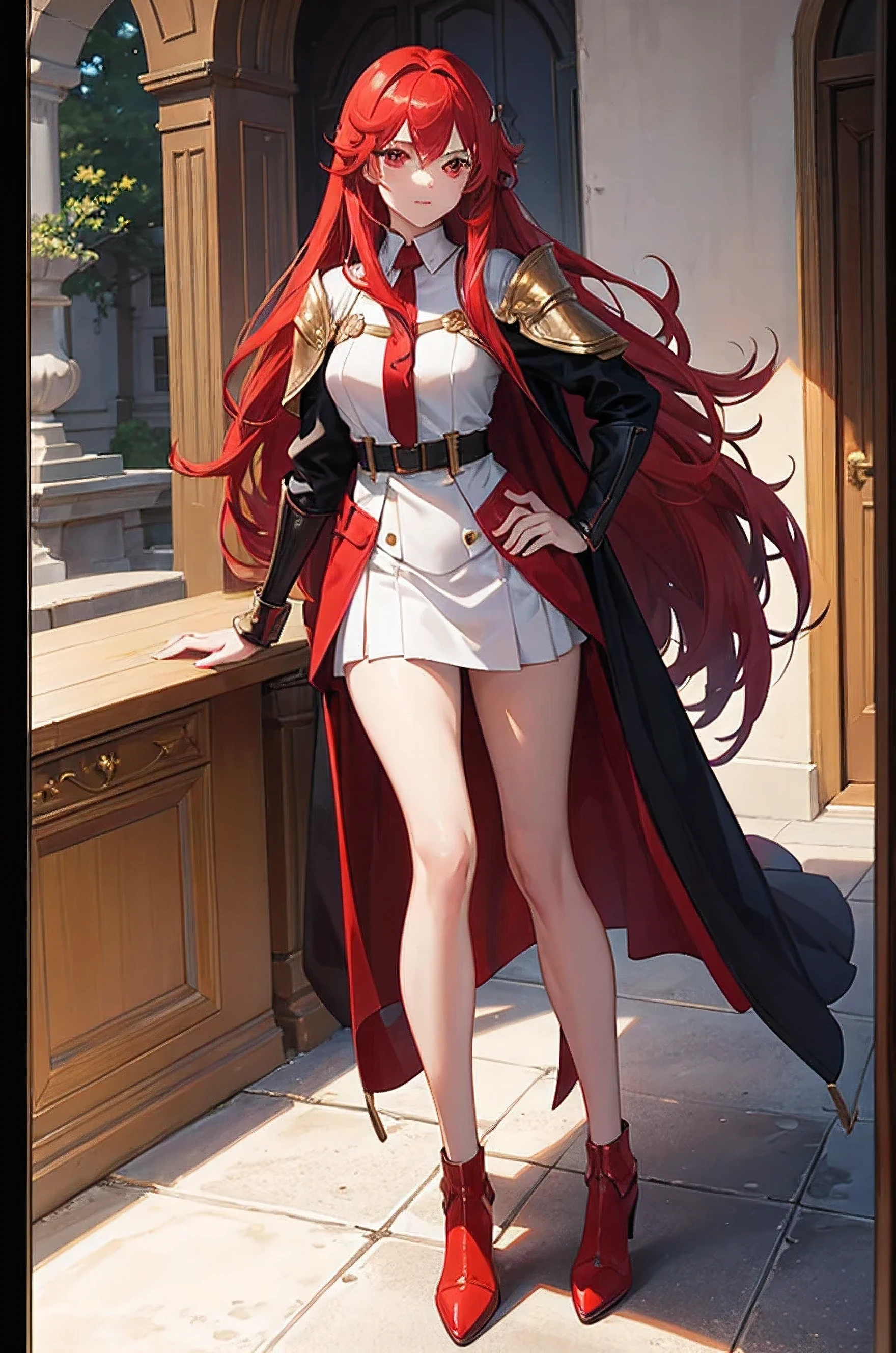 A girl In her twenties  with Long red hair and red eyes wearing a full body female armor with a red cape with a castle hallway background 