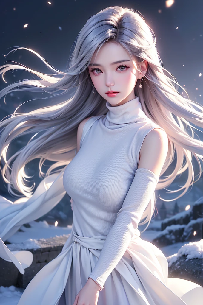 (Above the knees image)((masterpiece:1.5、8k、Portraiture、フォトリアリスティックでVery detailedなCG、Very detailed、Particle Effects、Dynamic Effects、Written boundary depth、Cinematic Light、Lens flare、Ray Tracing、Tabletop、Realistic:1.4、Ultra-high resolution:1.2、Realistic、Realistic))((alone、Turtleneck dress,No sleeve、Woman in white fur coat:1.4、Exposed sideways breast doll-like pose、Detailed face、bright表情、young, bright, Whiter skin、Small breasts:1.4、Best Looks、Ultimate beauty、Grey hair with shiny highlights:1.8、bright and shiny hair,、Arranged Hair、Hair dancing in the wind))(morning、In the background is a snowy hill overlooking the ruins...)