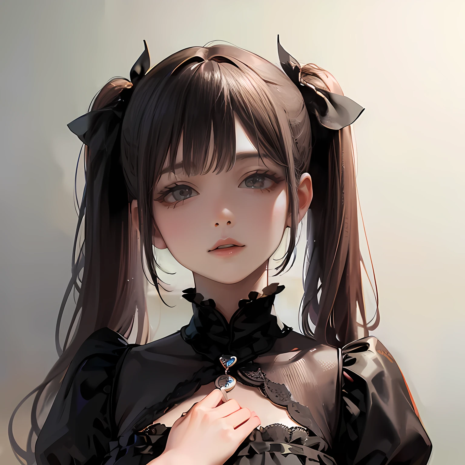(8k, RAW Photos, Highest quality, masterpiece:1.2), (Real, Photorealistic:1.4), (Highly detailed 8K wallpapers), 3d, Princess like a doll, cute, highly detailed dress, Twin tails, Blunt bangs, Shiny Hair, Transparent white skin, large, round eyes, Thin lips, round face, Upper Body, Elevation, Looking at the camera, The best light, Perfect composition,