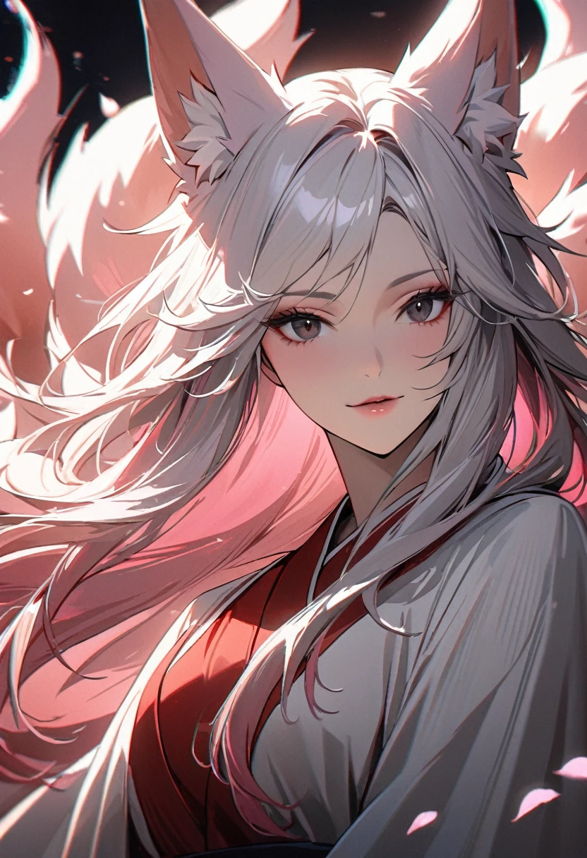 female, nine-tailed female, female fox, nine-tailed fox, fox ears, white hair, pink hair, long hair, black eyes, pretty, beautiful, beautiful color, mature, dress, flying petals, super detail, beautiful color,peerless beauty, high quality, macro picture, adult, deep chin, main face, front face, kimono