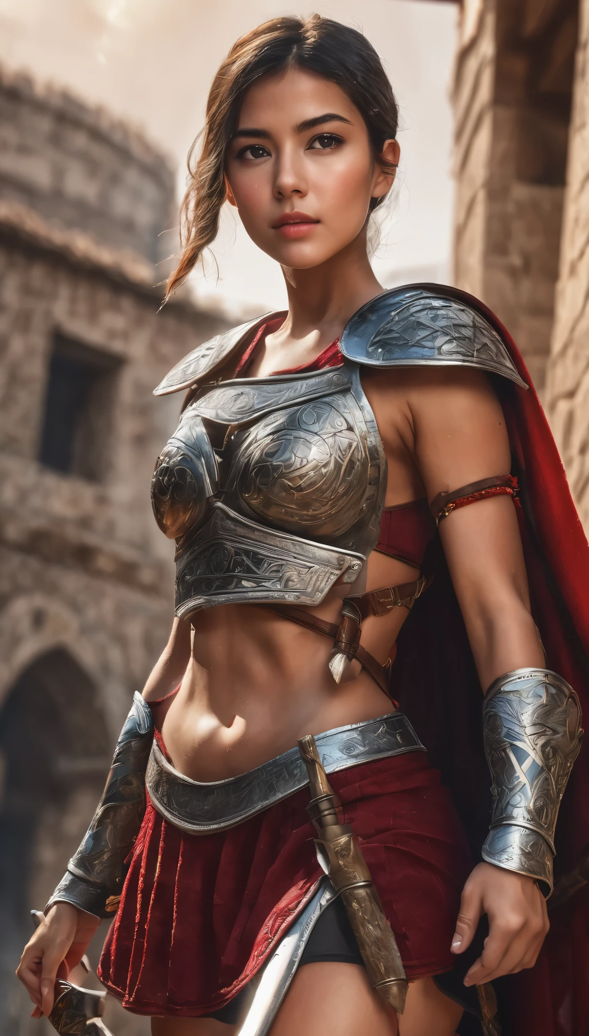 Highest quality, Realistic, photoRealistic, Award-winning photography, (Intricate details, Arena: 1.2), (Subtle details), (Intricate details), (Cinematic Light, Super sexy short hair woman, Gladiator, , huge firm bouncing chests, sexy long legs, dynamic sexy pose, Gladiatorの正装, Gladiatorの鎧, Gladiatorの武具, leg armor, Red Cape, Full body close-up),