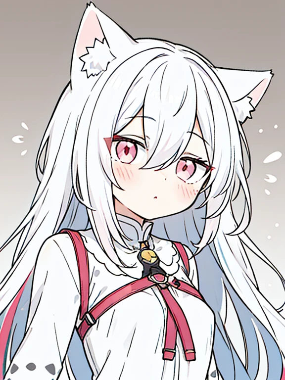 best quality, masterpiece, 1 girl, li, upper body, hairs between eyes, female, pink eyes, long hair, small breasts, expressionless, wink , cat ears, white hair, silver hair, streaked hair，   long bangs, 