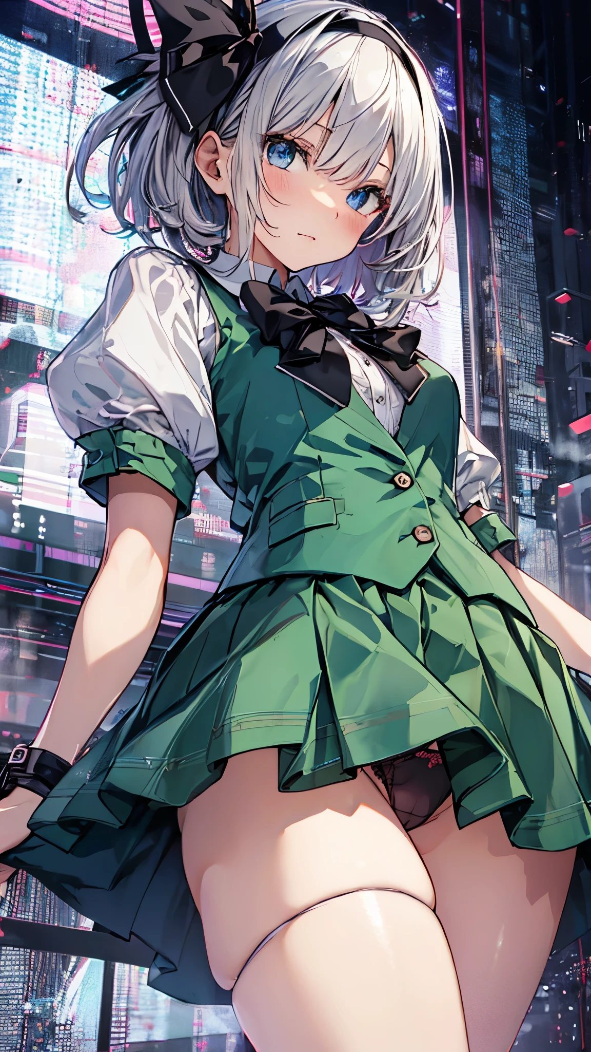 (cowboy shot),konpaku_youmu_touhou,(chibi:1.1),short_hair, ribbon, hairband, black_hairband, hair_ribbon, black_ribbon, bangs, white_hair,short sleeve, vest,(green mini skirt),blue_eyes,(green vest),bow, blush, black_bow, grey_hair,thighs,(from below:1.3),(skirt lift:1.5), ((skirt grab:1.3)), (Skirt that rolls up:1.3),(Fully exposed panties:1.5) ,panty shot,masterpiece,Noise Reduction,perfect anatomy,high resolution, ultra-detailed, ultra-detailed face,game cg,dutch angle ,beautiful detailed eyes,visualart,five fingers, perfect hands, perfect lighting, sparkling pupils,