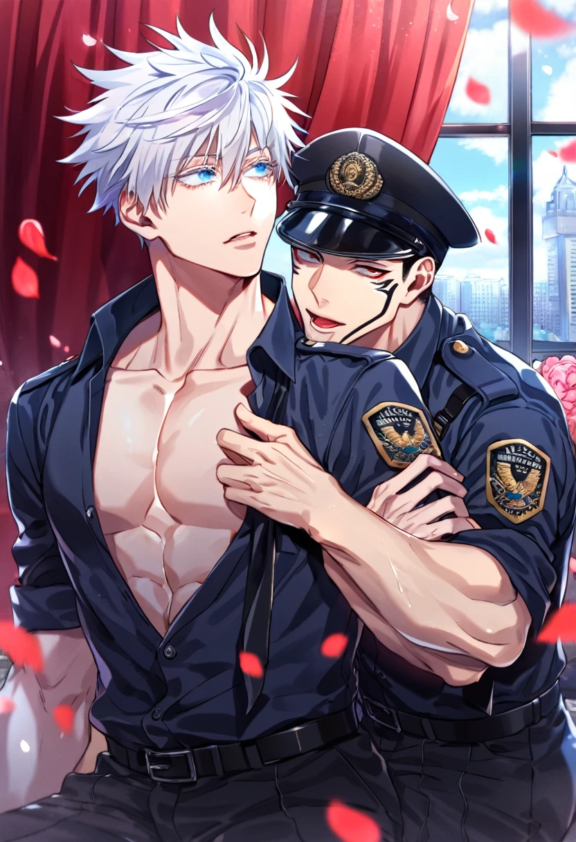 absurdres, highres, ultra detailed, HDR, master piece, best quality, Ryoumen Sukuna, black hair, expressive red eyes, Jujutsu Kaisen, Gojou Satoru, white hair, expressive blue eyes, white eyelashes, two sexy men together, yaoi, gay couple, handsome, horny, black police officer clothes, unbuttoned shirt, black hat, police, fantasy, police station, window, petals, flowers, room, red curtains, Nu Carnival