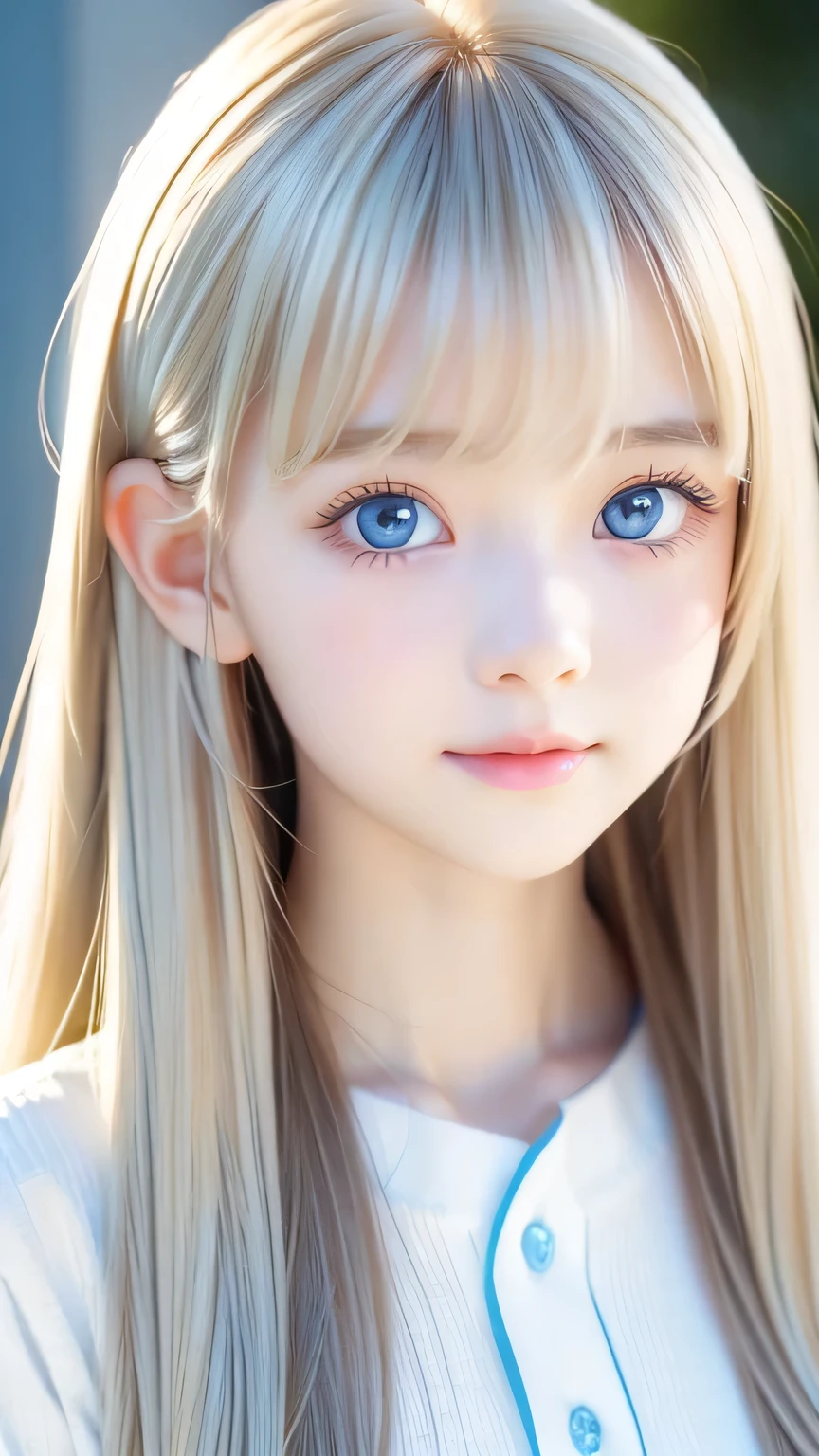 Very beautiful face、Long bangs flowing in front of the face、Beautiful pale light blue eyes hidden by her bangs、Very cute beautiful face and very radiant skin、Bangs between the eyes、snow-white beautiful skin、very beautiful pale light blue eyes,、Beautiful very long straight silky pale golden shiny natural platinum blonde hair、Cute 14 year old blonde beauty、Round face、Such a cute little face、Bright expression、Big eyes and well-defined double eyelids、eyeliner、