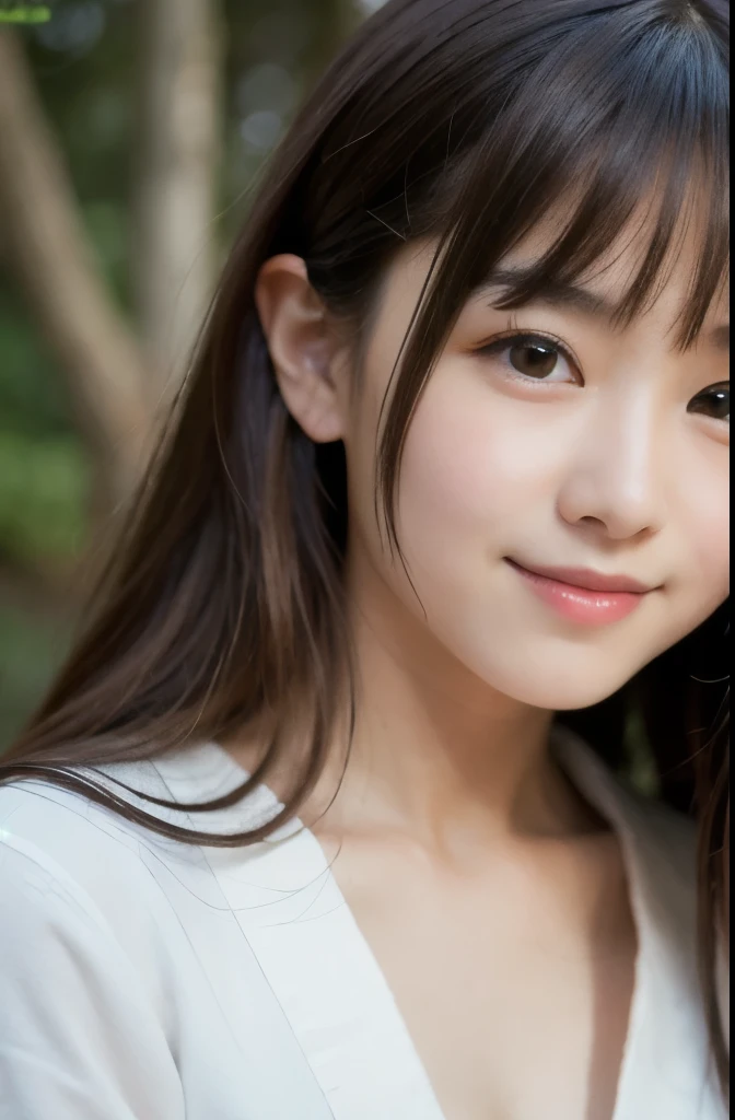 best quality, face focus, soft light, ultra high res, (photorealistic:1.4), RAW photo,(Shinozaki Ai),
1japanese girl, solo, cute, kawaii, smile, (pupil, lights in the eyes),  detailed beautiful face,(high resolution detail of human skin texture),(long hair),(portrait), chest up, white traditional kimono, in the forest,