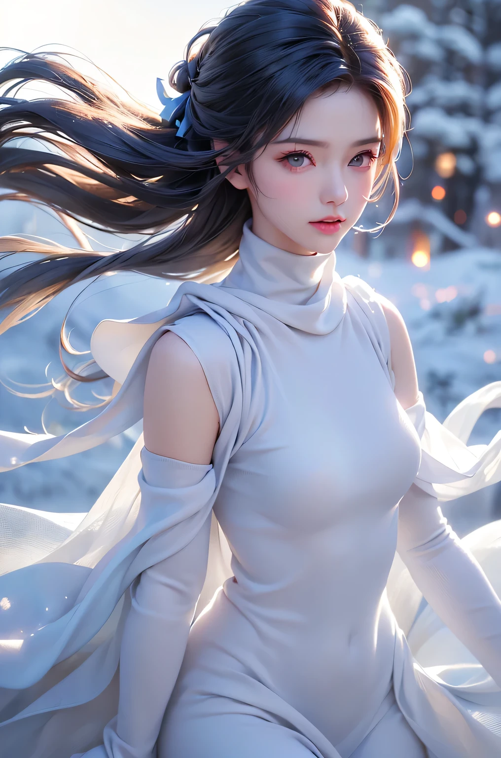 (Above the knees image)((masterpiece:1.5、8k、Portraiture、Photorealistic and very detailed CG、Very detailed、Particle Effects、Dynamic Effects、Written boundary depth、Cinematic Light、Lens flare、Ray Tracing、Tabletop、Realistic:1.4、Ultra-high resolution:1.2、Realistic、Realistic))((alone、Turtleneck dress,No sleeve、Woman in white fur coat:1.4、Exposed sideways breast doll-like pose、Detailed face、brightexpression、young, bright, Whiter skin、Small breasts:1.4、Best Looks、Ultimate beauty、Grey hair with shiny highlights:1.8、bright and shiny hair,、Arranged Hair、Hair dancing in the wind))(morning、In the background is a snowy hill overlooking the ruins...)