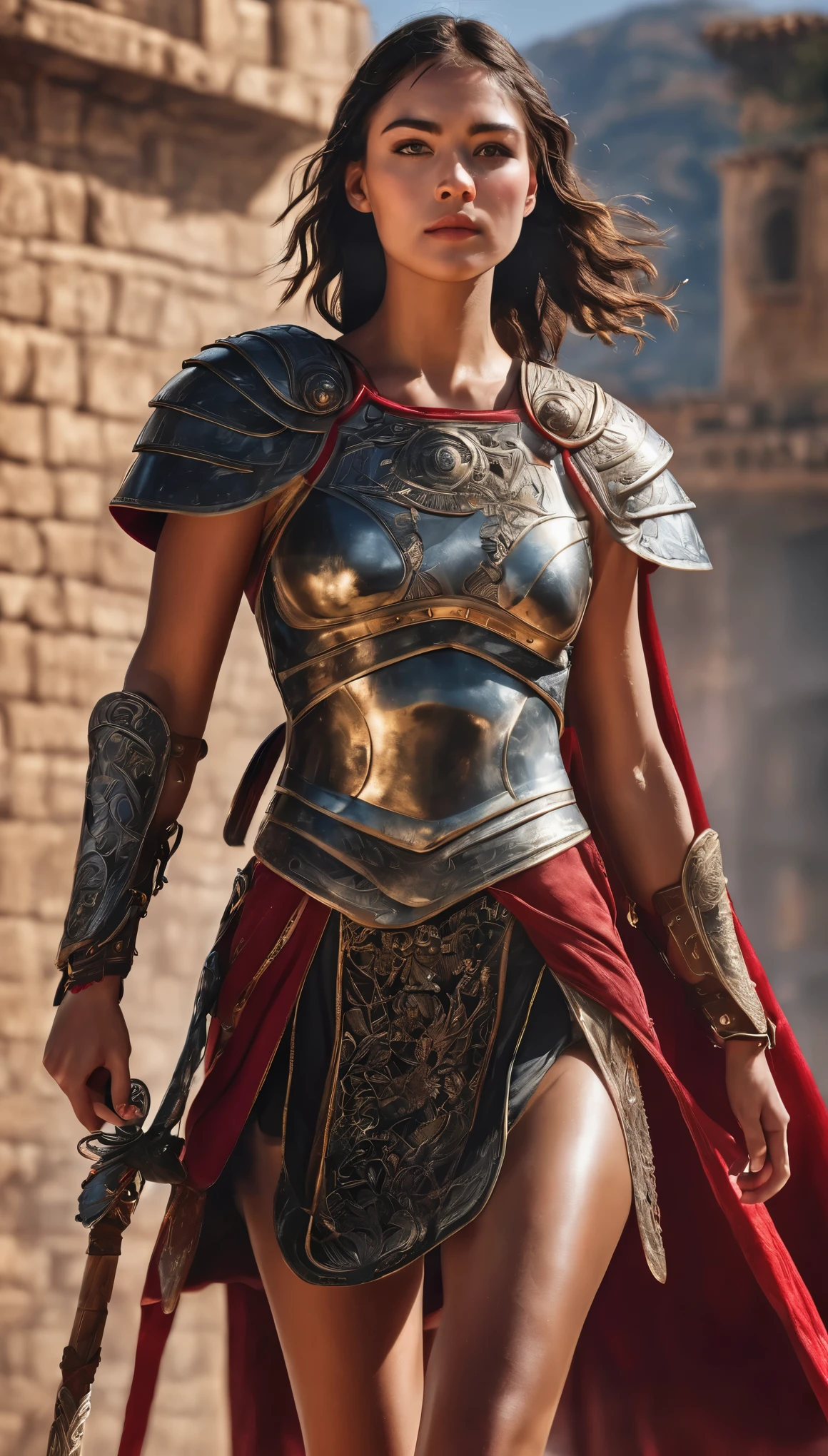 Highest quality, Realistic, photoRealistic, Award-winning photography, (Intricate details, Arena: 1.2), (Subtle details), (Intricate details), (Cinematic Light, Super sexy short hair woman, Gladiator, , huge firm bouncing chests, sexy long legs, dynamic sexy pose, Gladiatorの正装, Gladiatorの鎧, Gladiator, leg armor, Red Cape, Full body close-up),